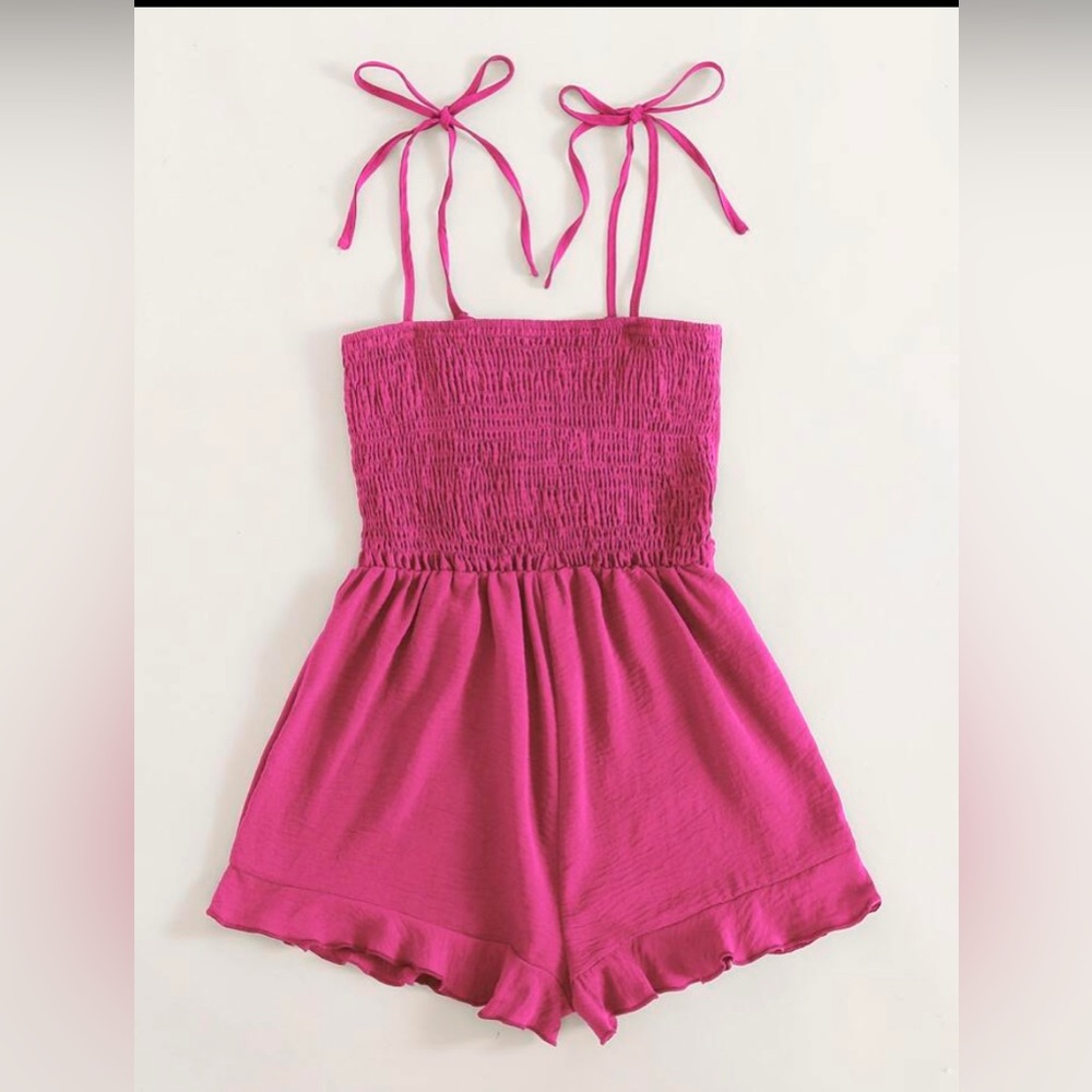 SHEIN Hot Pink Smocked Tie Strap Romper